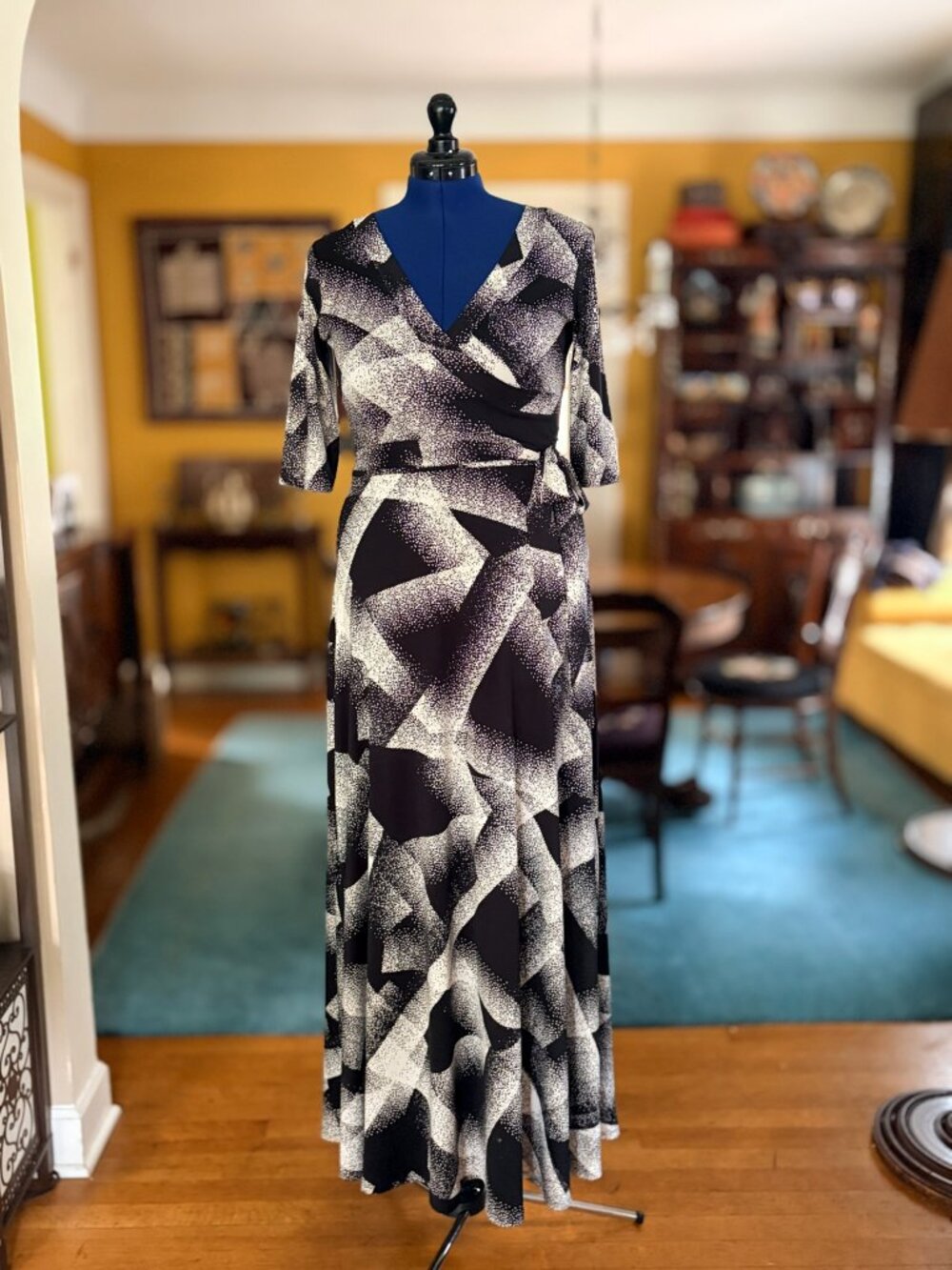 Olivia Matthews Black & White Abstract Faux Wrap Maxi Dress